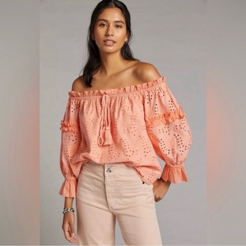 NWT ANTHROPOLOGIE Peach Jane Eyelet Lace Off-The-Shoulder Blouse, size 10